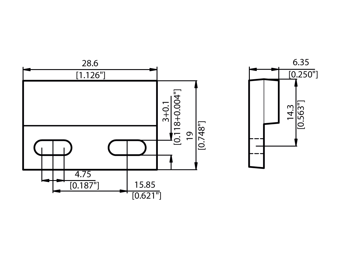 Technical drawing of a rectangular M21P Series Magnet with two holes at the bottom. Dimensions: 28.6 mm wide, 19 mm high, 6.35 mm deep. Hole spacing is 15.85 mm; hole size is 4.75 x 3.0 mm. Measurements in mm and inches. by Standex Detect