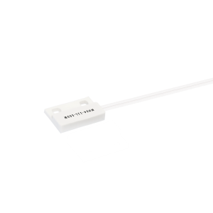 A small white rectangular Micro-Power Hall Sensor from the MH04 Series with two mounting holes and thin attached wires, isolated on a white background. The label M05-71L-55W is printed on the top surface. by Standex Detect