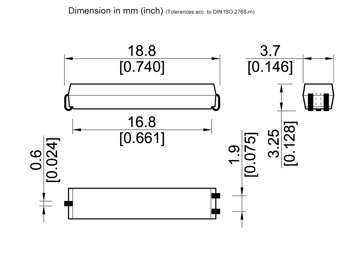 Technical drawing of an MK01 Series Surface Mount Reed Switch, a rectangular electronic component with dimensions: 18.8 mm by 3.7 mm, height 1.9 mm. Includes multiple side and end views with details in millimeters and inches. by Standex Detect