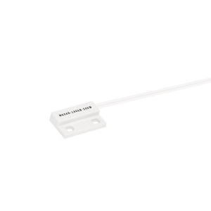 A small rectangular white Reed Sensor from the MK04R Series with two screw holes, labeled MS405-1A-15GB-500W, is attached to a white cable extending to the right. The background is plain white. by Standex Detect