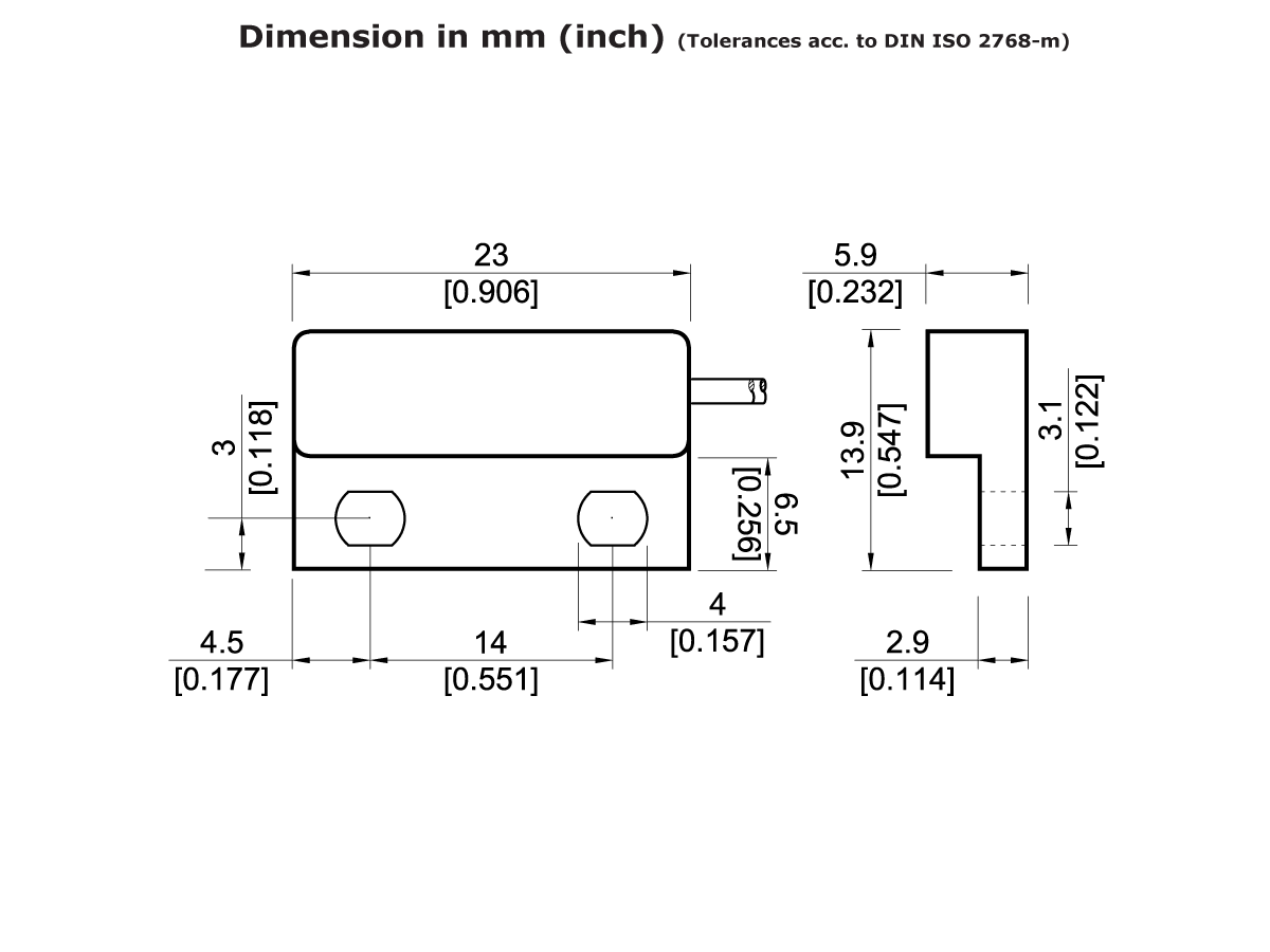 Technical drawing of the MK04R Series Reed Sensor, featuring a rectangular component with dimensions in millimeters and inches. Front, top, and side views display marked lengths, heights, and widths for precise reference. by Standex Detect