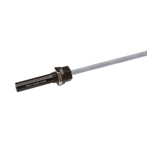 A cylindrical black Reed Sensor from the MK07 Series with a gray cable attached, featuring a hexagonal nut and threading for mounting. The side of the sensor is labeled M8C1-1A6GD-500N. by Standex Detect
