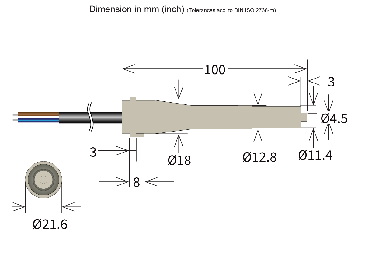 Technical drawing of an MK08 Series cylindrical Reed Sensor with labeled measurements in millimeters, showing front and side views. Dimensions include lengths and diameters; wires are visible extending from one end. by Standex Detect