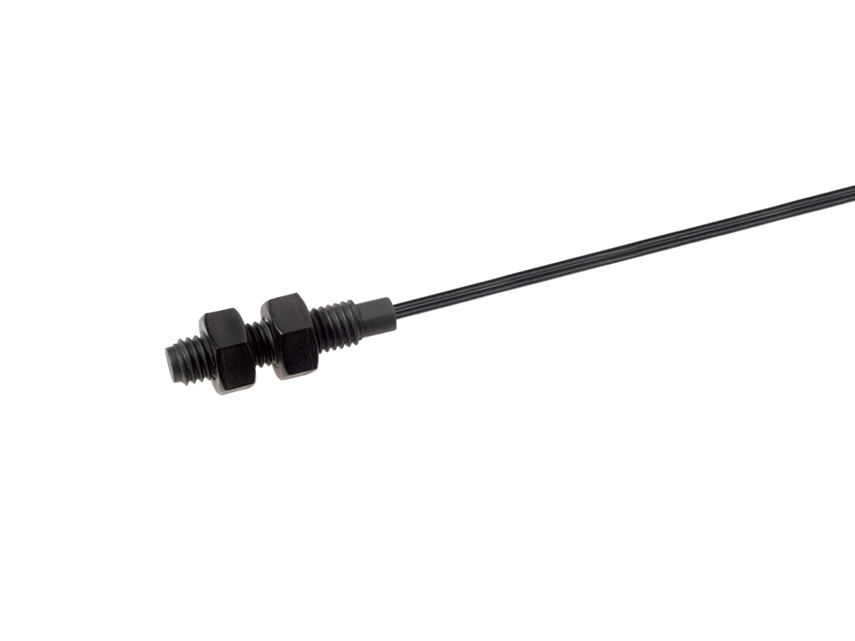 A black cable with a threaded plastic connector from the MK11 Plastic Series and two hex nuts, positioned horizontally against a white background. by Standex Detect