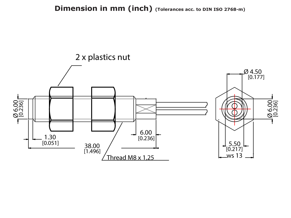 Technical drawing of a cylindrical MK11 Plastic Series Reed Sensor with two plastic nuts, M8 x 1.25 thread, key width 13mm, and dimensions labeled in millimeters and inches. Top, side, and end views are shown. by Standex Detect