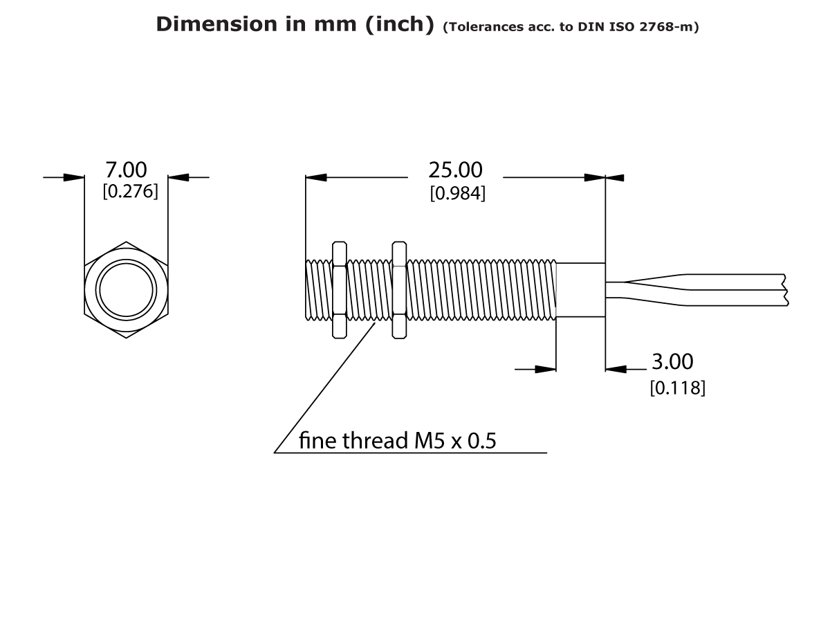 Technical drawing of a cylindrical MK11 stainless steel reed sensor with labeled dimensions: diameter 7.00 mm, length 25.00 mm, fine thread M5 x 0.5, and a 3.00 mm section. Dimensions shown in mm and inches. by Standex Detect