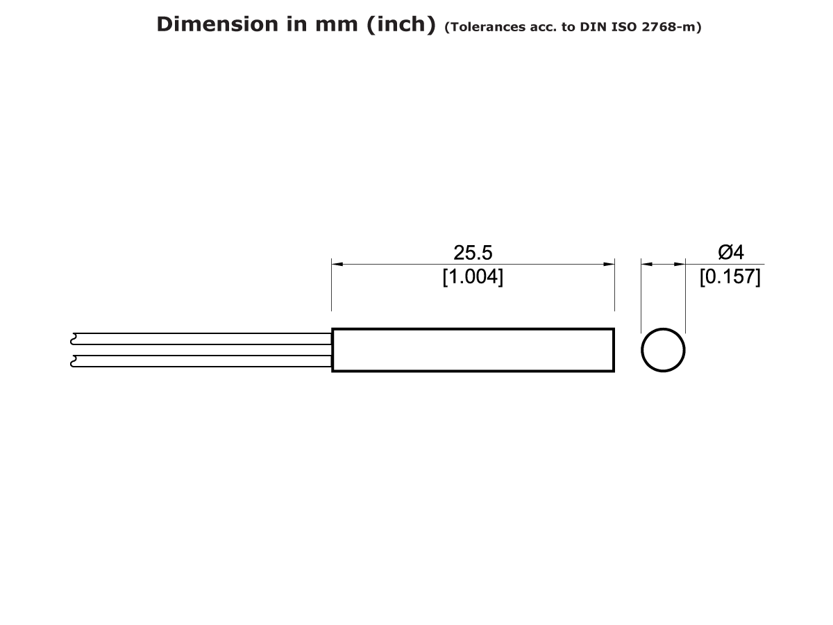 Technical drawing of MK14 Series Reed Sensor, a cylindrical component with two wires. Dimensions: length 25.5 mm (1.004 in), diameter 4 mm (0.157 in). Dimensions in mm, tolerances per DIN ISO 2768-m. by Standex Detect