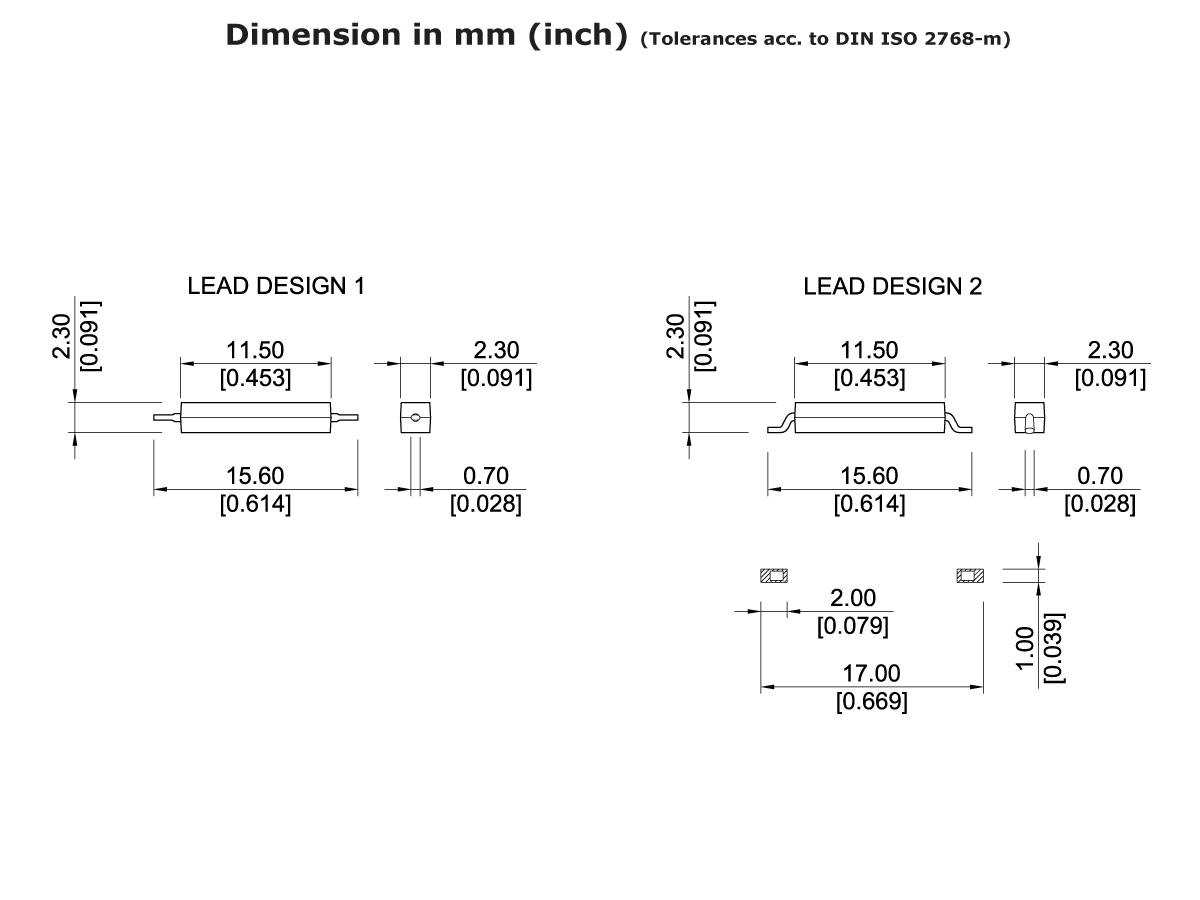 Technical drawing of two MK16 Series lead designs, ideal for Surface Mount Reed Switch applications. Includes side and top views with measurements in millimeters and inches, showing labeled widths, heights, and spacings for each Reed Switch dimension. by Standex Detect