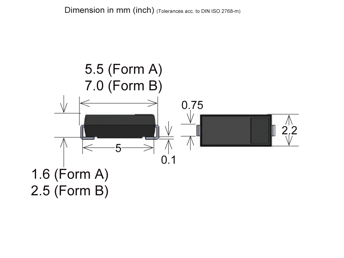 Technical drawing of a rectangular electronic component, such as a Surface Mount Reed Switch from the MK24 Series, with side and front views showing dimensions in millimeters: 5.5 (Form A), 7.0 (Form B), 1.6, 2.5, 5, 0.75, 0.1, and 2.2. by Standex Detect