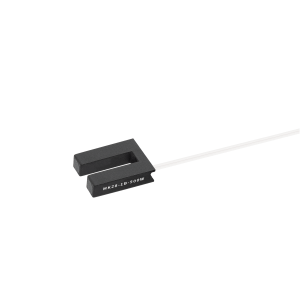 A black U-shaped Reed Sensor with an attached white cable, labeled MK28-1B-500W from the MK28 Series, isolated on a white background. by Standex Detect