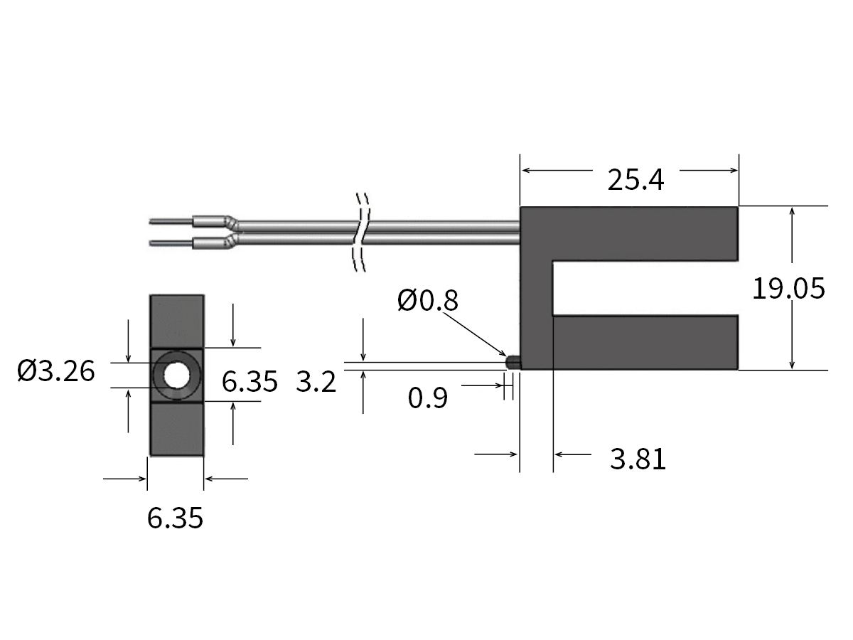 Technical drawing of a U-shaped Reed Sensor from the MK28 Series with detailed measurements. The side view shows wires attached, and dimensions include 25.4 mm length, 19.05 mm height, plus labeled diameters and smaller values throughout. by Standex Detect
