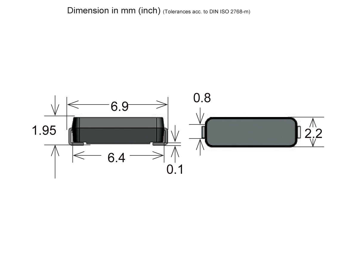 Technical drawing of an MK31 Series Surface Mount Reed Switch, a rectangular object with dimensions 6.9 x 1.95 x 0.8 mm, with other measurements labeled as 6.4, 2.2, and 0.1 mm (inches also indicated). by Standex Detect