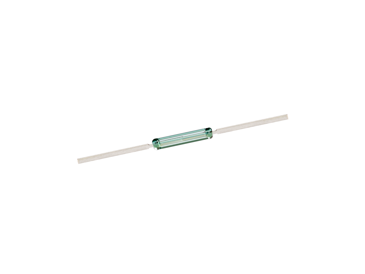 A small glass tube component, such as the KSK-1A35 Reed Switch, with metal leads extending from both ends, isolated on a white background. by Standex Detect