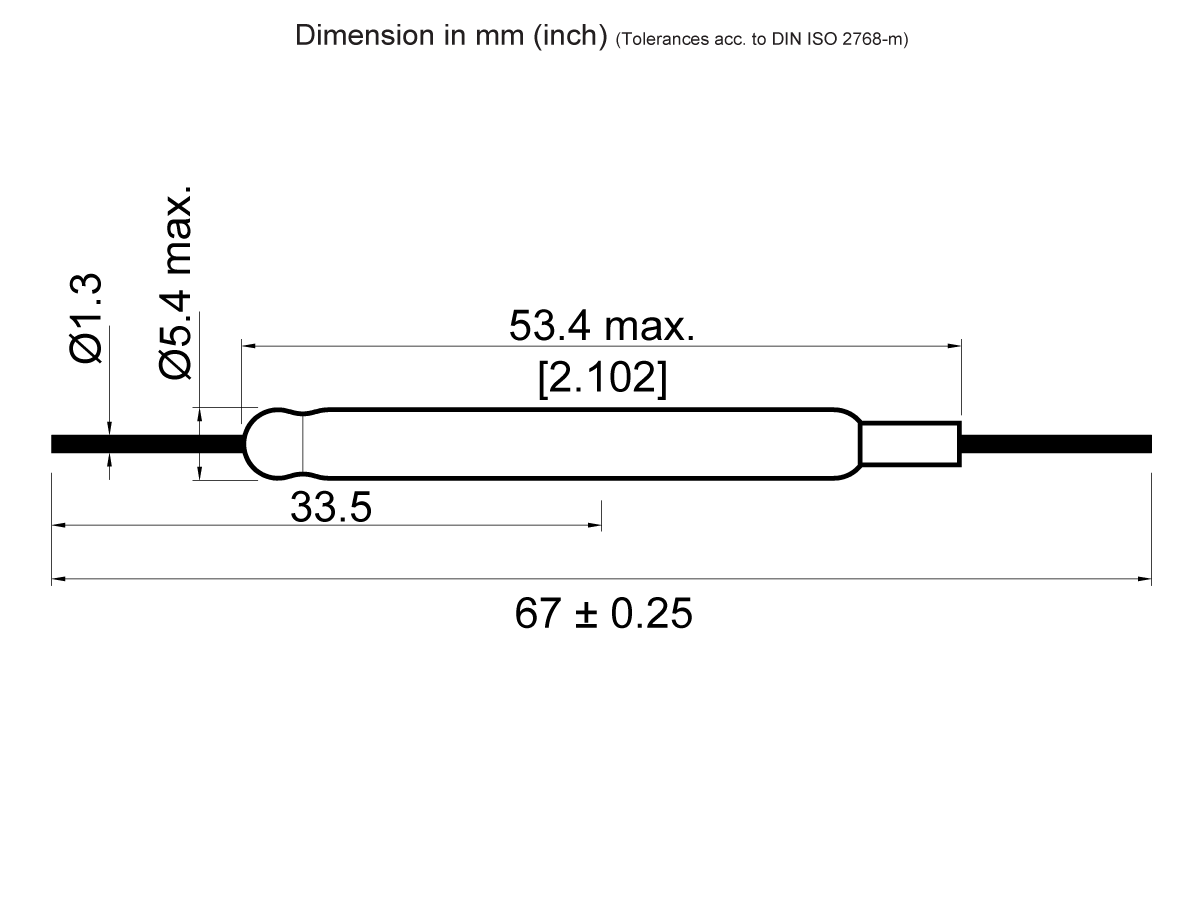 Technical drawing of a cylindrical Reed Switch component (KSK-1A54 Series) with wires, showing dimensions: max length 67 ± 0.25 mm, main body 33.5 mm, width 5.4 mm max, wire diameter 1.3 mm; inch equivalent 2.102 shown. by Standex Detect