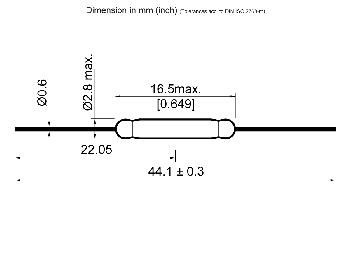 Technical drawing of a KSK-1A55 Series reed switch cylindrical component with wires; labeled dimensions are 44.1 ± 0.3 mm length, 22.05 mm lead length, 16.5 mm body, 2.8 mm max body diameter, and 0.6 mm lead diameter. by Standex Detect