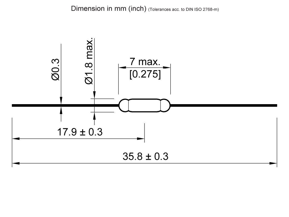 Technical drawing of a cylindrical Reed Switch, Series KSK-1A80, with two leads; dimensions: 7 mm max length, 0.3 mm and 0.18 mm diameters, 17.9 ± 0.3 mm and 35.8 ± 0.3 mm lengths; values in mm and inch. by Standex Detect