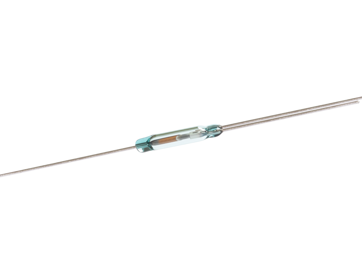 A small glass tube Reed Switch from the KSK-1C90U Series with two long metal leads extending from each end, used for detecting magnetic fields in electronic circuits. by Standex Detect