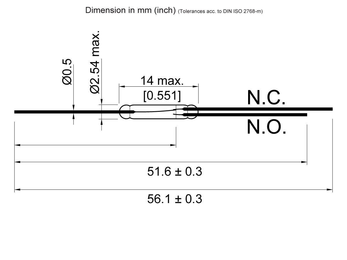 Technical diagram of a KSK-1C90U Reed Switch in series, featuring a straight wire with connection points N.C. and N.O., diameters (0.5 mm, 2.54 mm max), and lengths (14 mm max, 51.6 ± 0.3 mm, 56.1 ± 0.3 mm). by Standex Detect