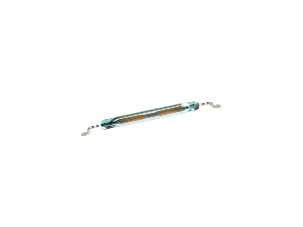 A small glass tube with metal wire contacts at each end and two metal reeds inside, forming an MK23-52 Reed Switch, isolated on a white background. by Standex Detect