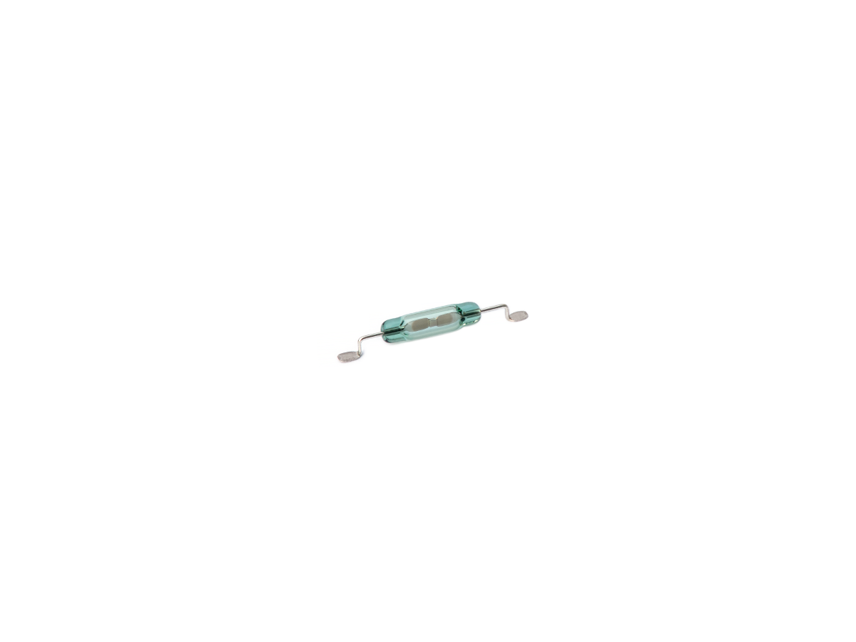 A small MK23-80 glass reed switch with two metal leads bent outward, isolated on a white background. Ideal for surface mount applications. by Standex Detect