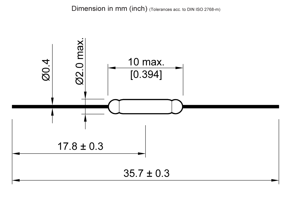 Technical drawing of the MK23-87 Reed Switch with leads, showing dimensions: 35.7 ± 0.3 mm total length, 17.8 ± 0.3 mm body length, 2.0 mm max body diameter, 0.4 mm lead diameter, and a central section up to 10 mm wide. by Standex Detect