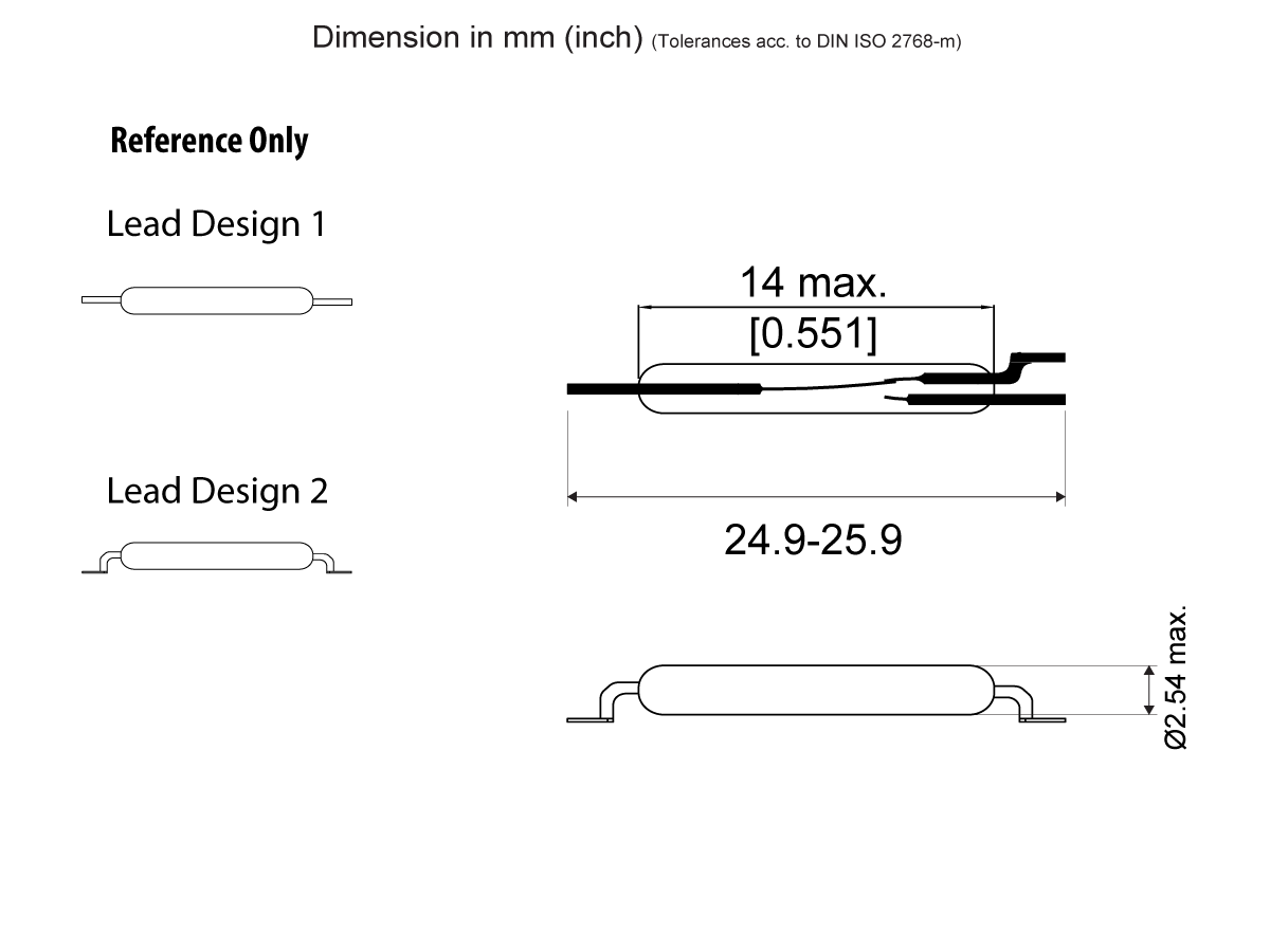 Technical drawing showing two lead designs for a MK23-90 Series cylindrical Surface Mount Reed Switch. Dimensions are labeled: length 24.9–25.9 mm, height 2.5–2.54 mm, and maximum width 14 mm (0.551 inches). by Standex Detect