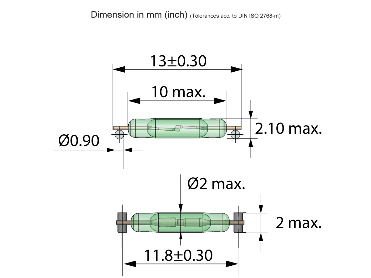 Technical drawing of a cylindrical MK33-87 Surface Mount Reed Switch fuse with dimensions: 13±0.3 mm length, 0.9 mm diameter, max height 2.10 mm, max ferrule diameter 2 mm, and body length 11.8±0.3 mm. Measurements in millimeters. by Standex Detect