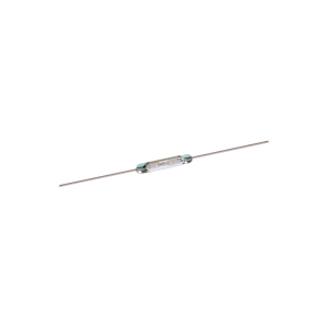 A small ORD211 Series glass reed switch with two long metal leads extending from each end, isolated on a white background. by Standex Detect
