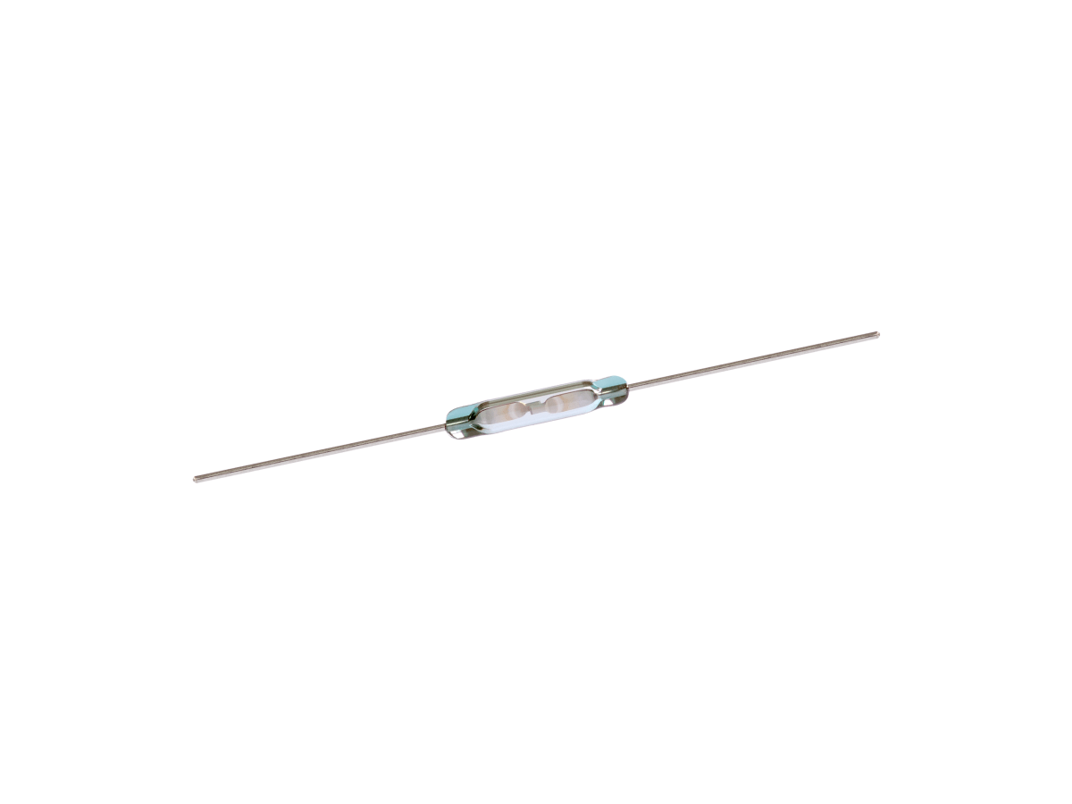 A small glass cylindrical Reed Switch from the ORD211 Series with two long metal leads extending from each end, isolated on a white background. by Standex Detect