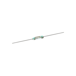 A glass-encased cylindrical electronic component, such as the Reed Switch from the ORD213 Series, with metal leads extending from both ends, isolated on a white background. by Standex Detect
