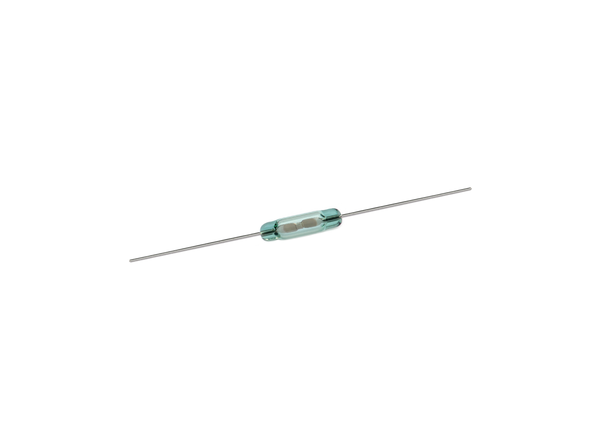 A small glass ORD213 Series reed switch with two metal leads extending from each end, used as an electrical component for sensing and switching applications. by Standex Detect