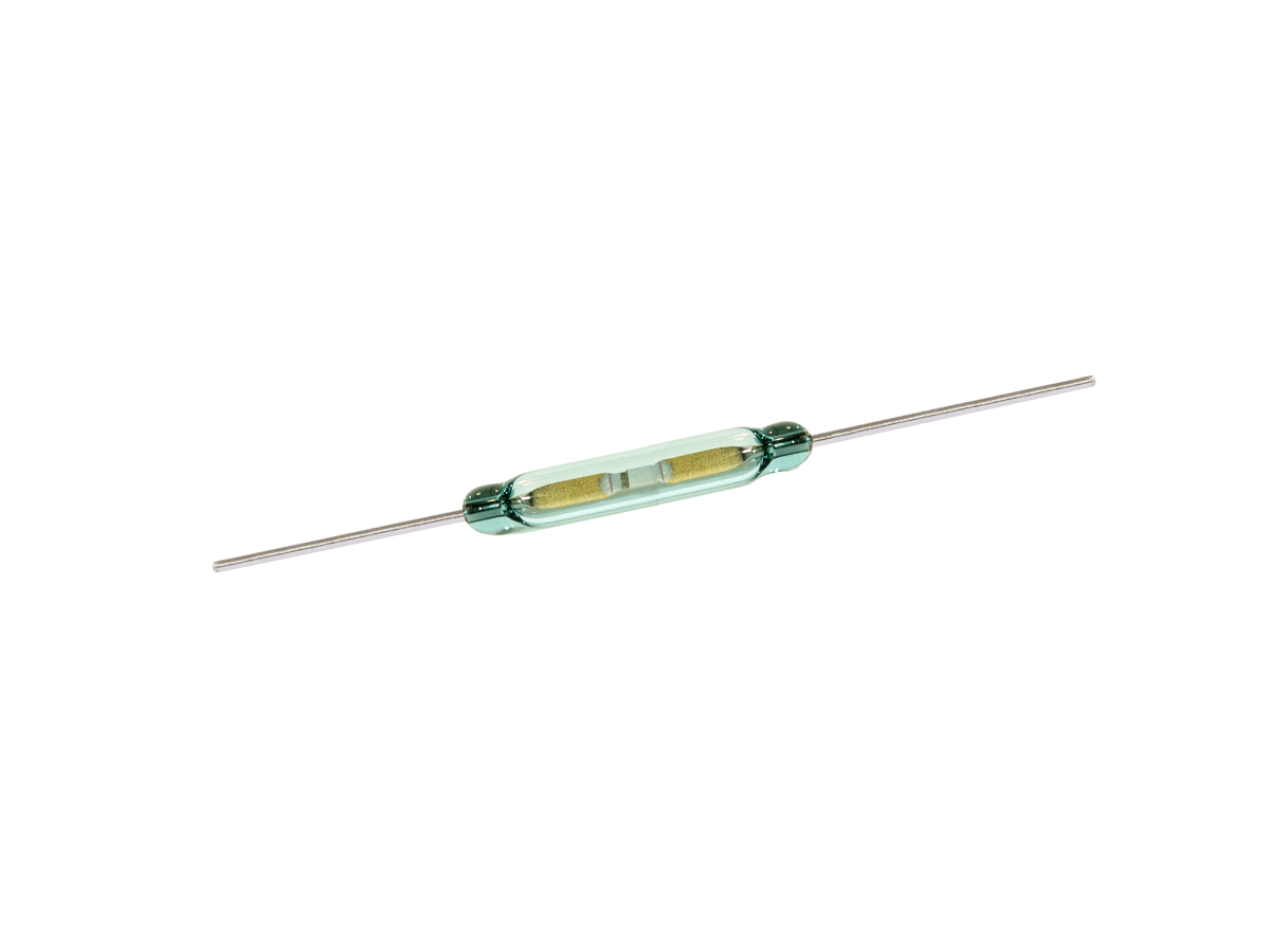 A glass-encased electrical component with two metal leads extending from each end, resembling a Reed Switch from the ORD2211 Series, isolated on a white background. by Standex Detect