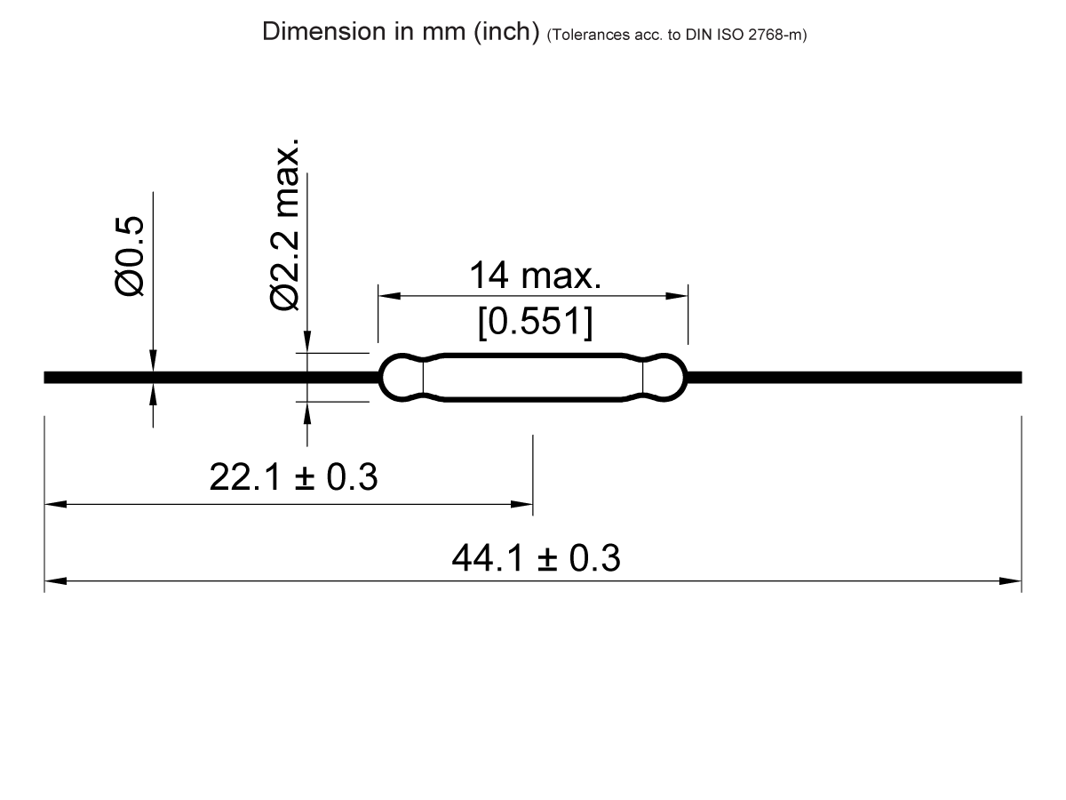 Technical drawing for the ORD228VL Reed Switch Series, a cylindrical component with leads. Key dimensions: body length 14 mm max, diameter 2.2 mm max, overall length 44.1 ± 0.3 mm, section 22.1 ± 0.3 mm—all dimensions in mm. by Standex Detect