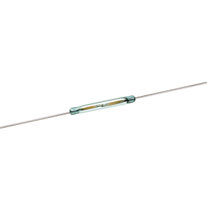 A glass-encased cylindrical Reed Switch from the ORD229 Series, with metal leads extending from both ends, shown against a white background. by Standex Detect