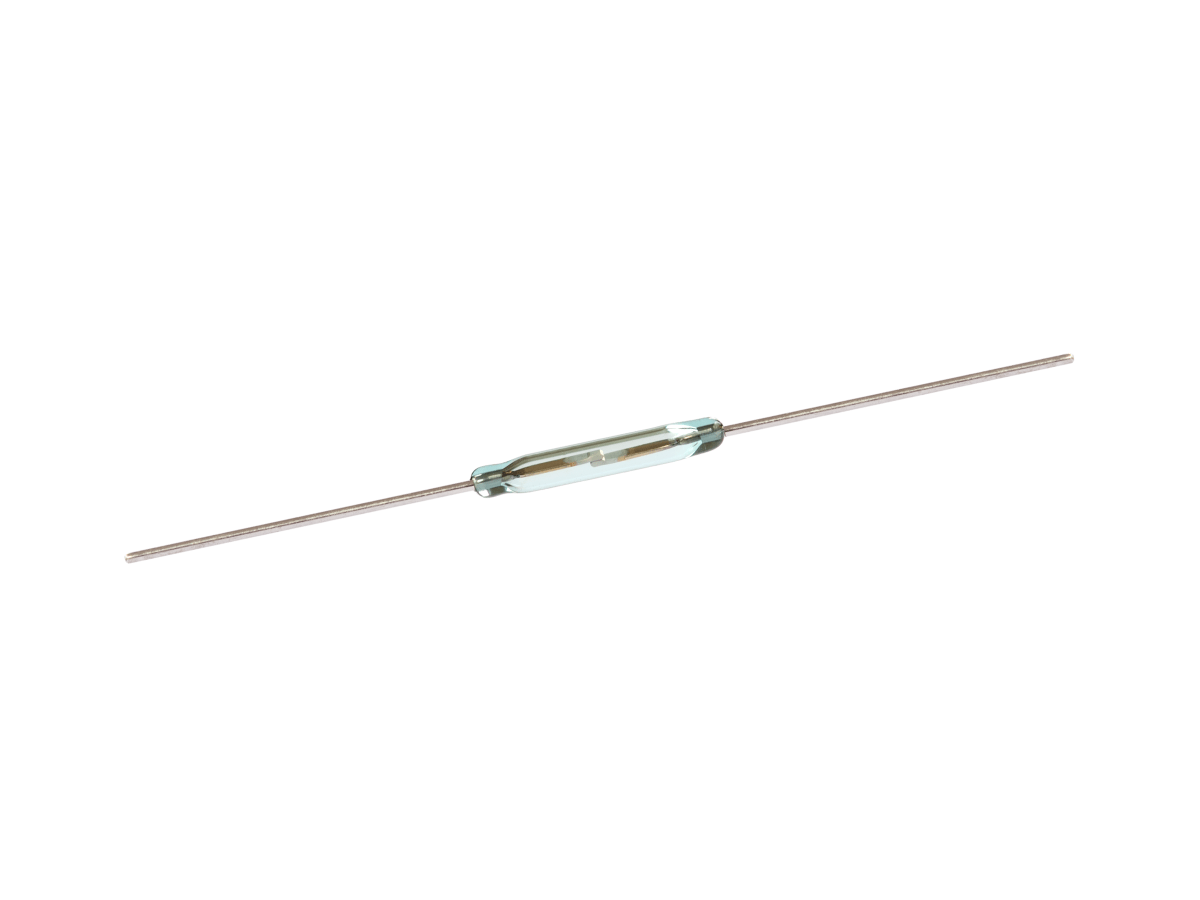 A small glass cylindrical electronic component with metal leads extending from both ends, resembling a reed switch from the ORD312 Series, isolated on a white background. by Standex Detect