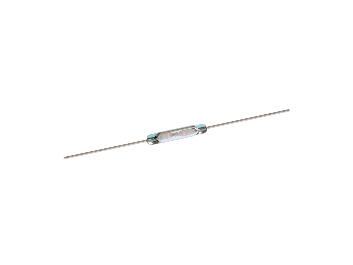 A glass-encased cylindrical electronic component from the ORD611 Series with two long metal leads extending from each end, resembling a reed switch, isolated on a white background. by Standex Detect