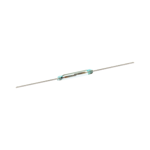 A small glass cylindrical Reed Switch from the ORD624 Series with metal leads extending from both ends, isolated on a white background. by Standex Detect