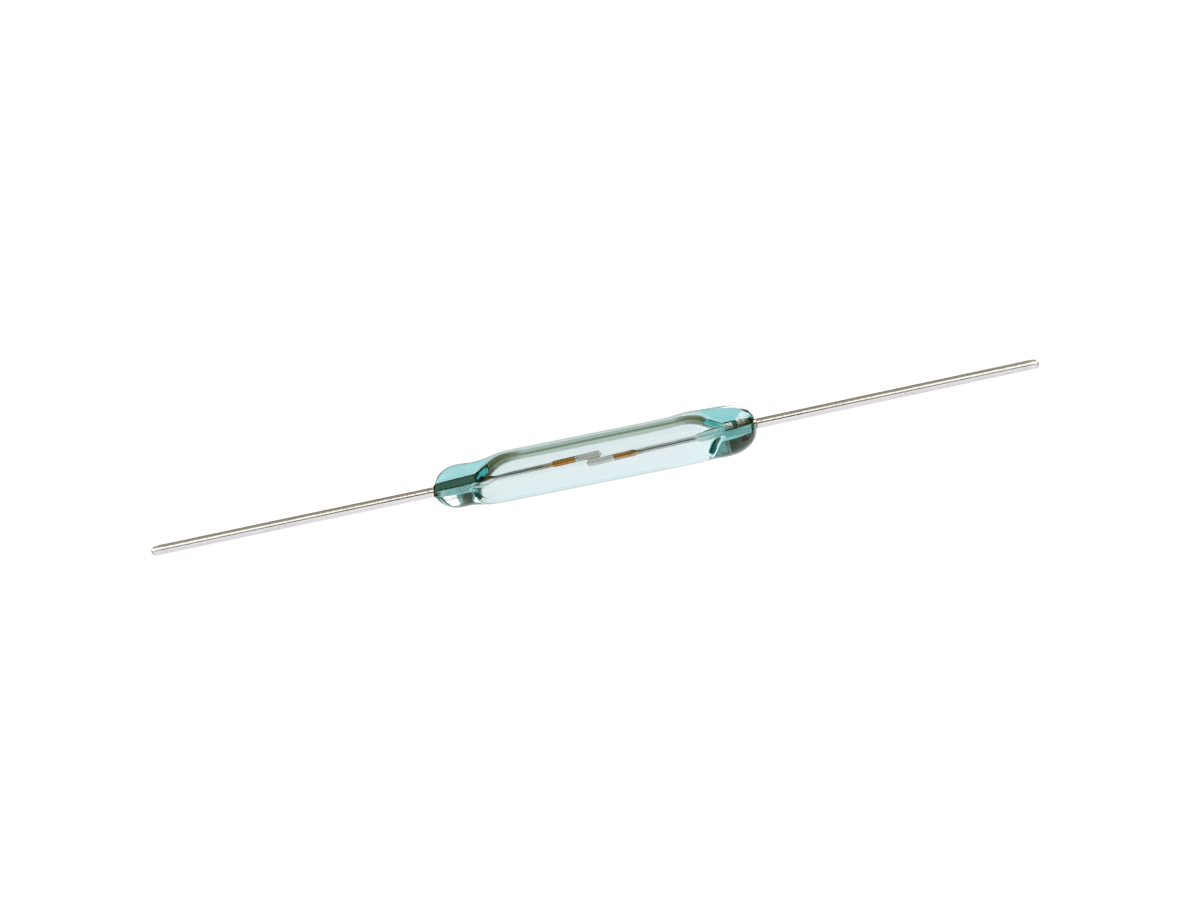 A small glass Reed Switch from the ORD9215 Series with two metal leads extending from each end, placed on a white background. by Standex Detect