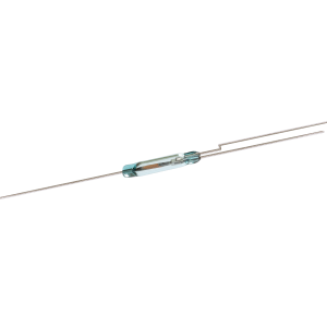 A small glass-encased ORT551-1 Series reed switch with two long, thin metal leads extending from each end—one straight and one bent—isolated on a white background. by Standex Detect