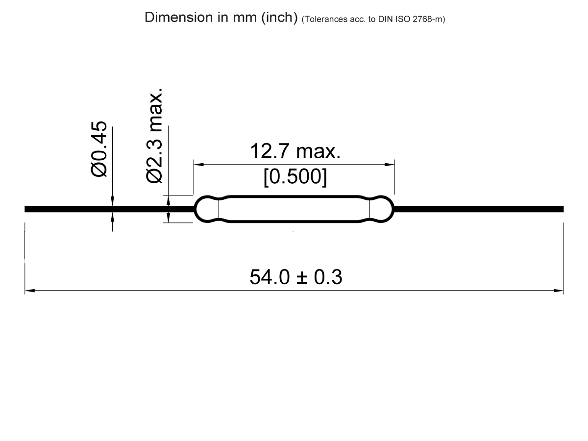 Technical drawing of the SW GP501 Reed Switch showing a cylindrical component with a max length of 54.0 ± 0.3 mm, center diameter of 2.3 mm, and lead wire diameter of 0.45 mm. All measurements are in mm (inch). by Standex Detect