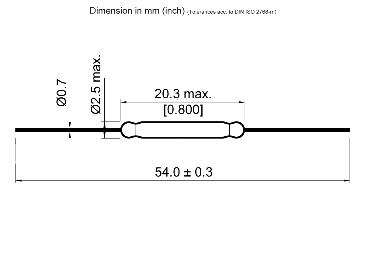 Technical drawing of the NL126 Series Reed Switch shows a cylindrical object with max length 54.0 ± 0.3 mm, central diameter up to 2.5 mm, thin section diameter 0.7 mm, and maximum center length of 20.3 mm (0.800 inches). by Standex Detect