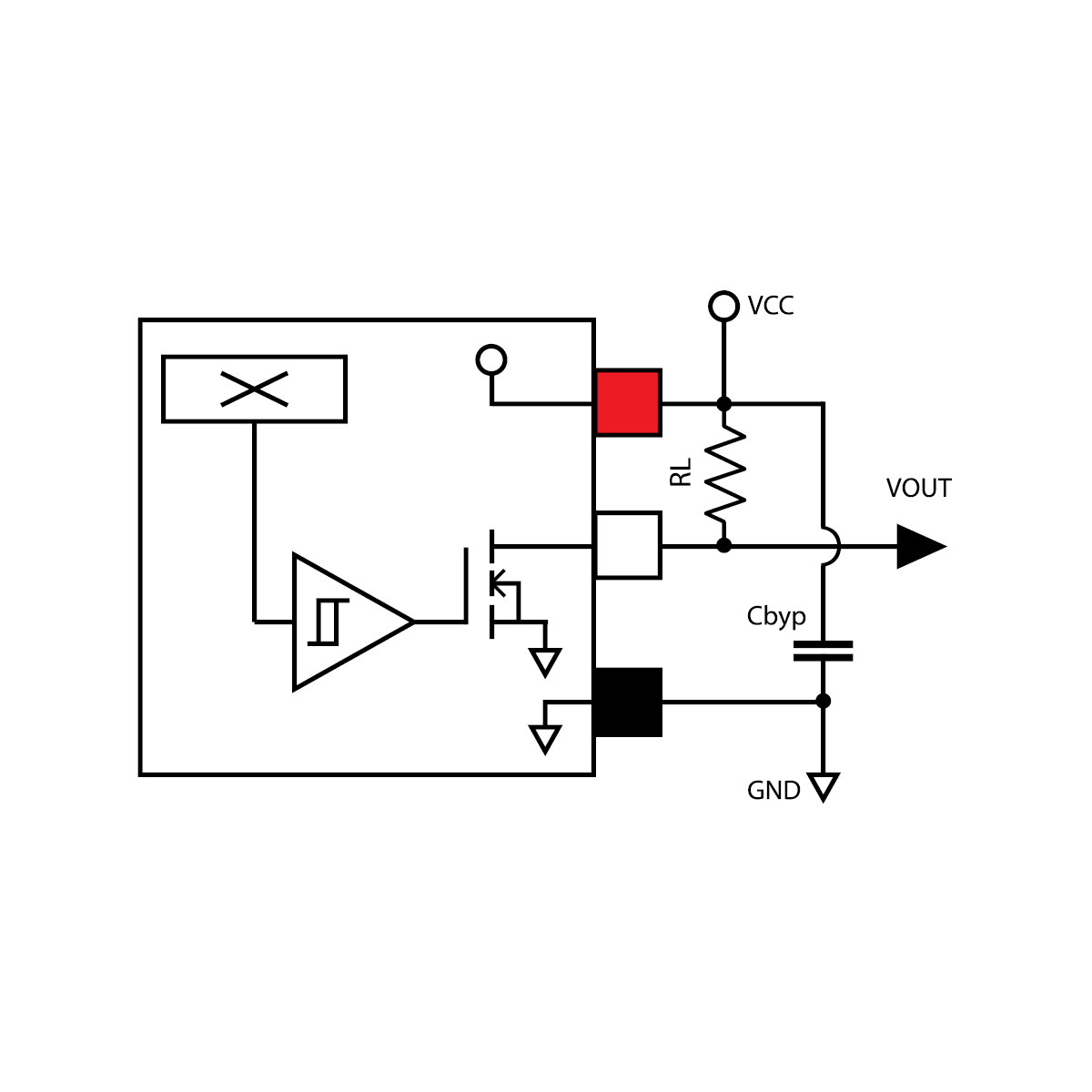 Electronic circuit diagram showing a block with an op-amp, crystal oscillator, and transistor. External components RL, Cbyp, VCC, and GND are connected, with VOUT as the output—featuring the MH21 Series Micro-Power Hall Sensor. by Standex Detect