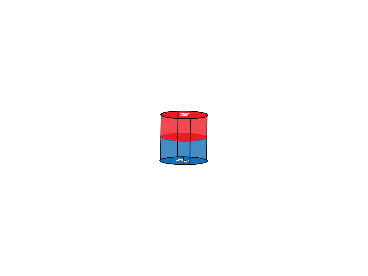 A transparent cylinder, part of the RM Series Magnet, is half-filled with blue liquid, the upper half with red liquid. Both are separated by a clear horizontal boundary, set against a plain white background. by Standex Detect