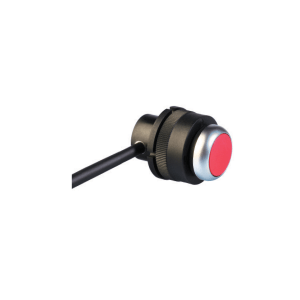 A close-up of an MK25 Series black push-button switch with a red circular button and a silver rim, attached to a black cable, set against a plain white background. by Standex Detect