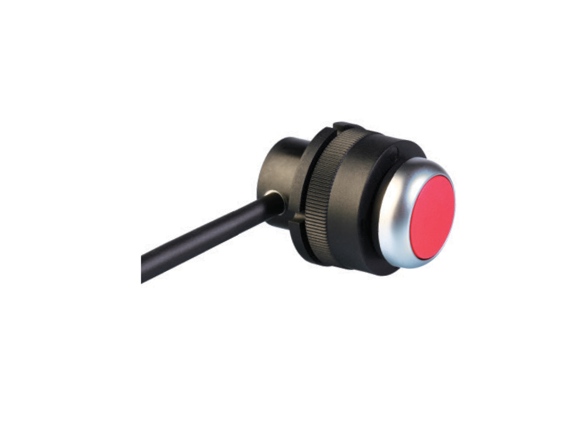 A close-up of a black wired push button switch with a silver rim and a red circular button, resembling the precision of the MK25 Series Reed Sensor, isolated on a white background. by Standex Detect