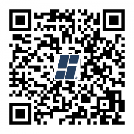 Black and white QR code with a blue and white logo featuring four rectangles in the center. The design includes dense black squares and dots arranged on a white background. by Standex Detect