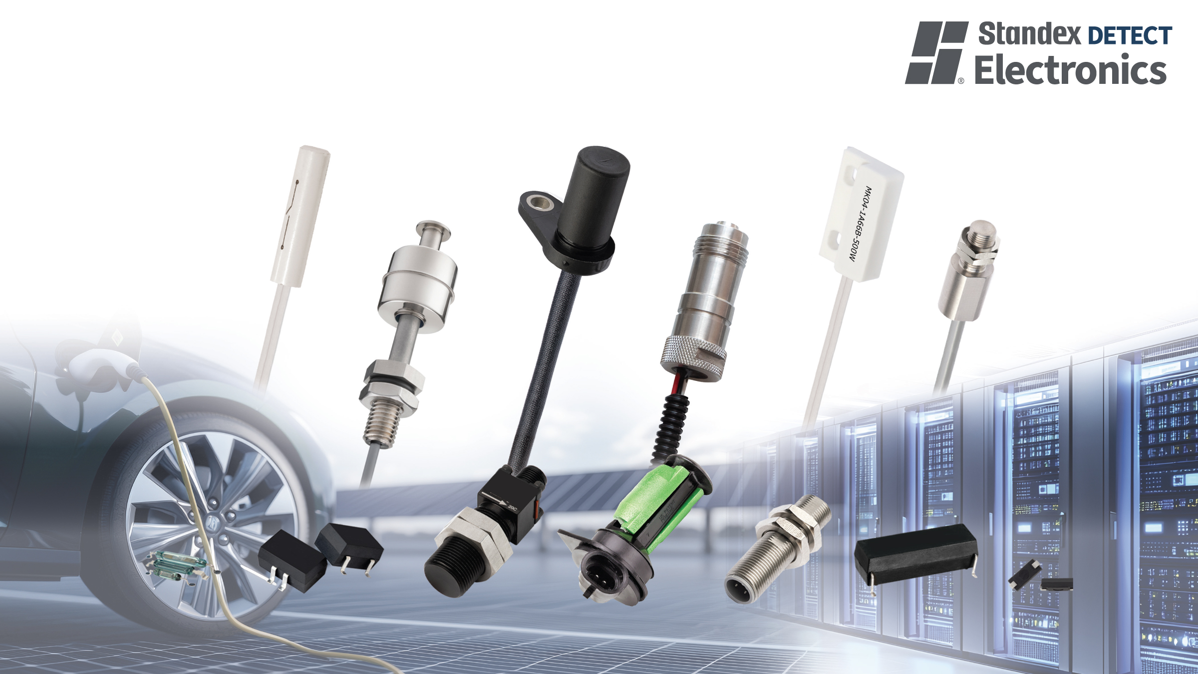 A variety of electronic sensor components are displayed in front of a blurred background featuring a car wheel on the left and data servers on the right, with the Standex Electronics Standex Detect logo in the top right corner. by Standex Detect