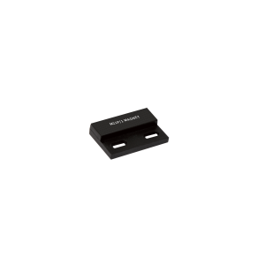 A small black rectangular magnetic sensor bracket from the M21P Series Magnet line, featuring two horizontal mounting holes and R12/IP MAGNET printed on the top surface, shown against a white background. by Standex Detect