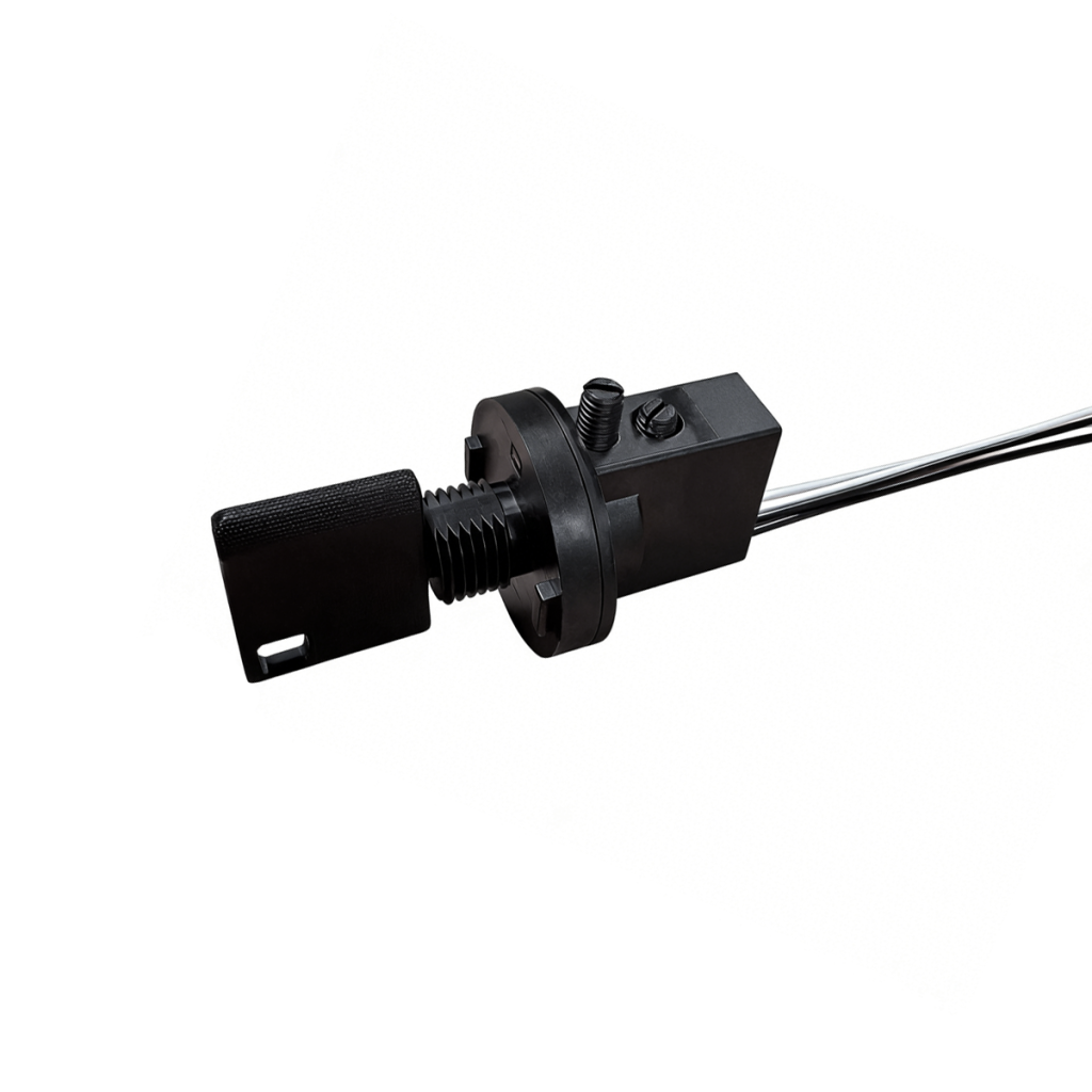 A close-up view of a black industrial mechanical component, featuring a threaded rod, cylindrical handle, and rectangular housing from the KS01 Series key switch against a white background. by Standex Detect