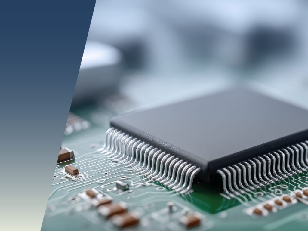 Close-up of a microchip with numerous metal pins attached to a green circuit board, showing electronic components, intricate wiring, and Cable Testers nearby, with a blue gradient on the left side. by Standex Detect